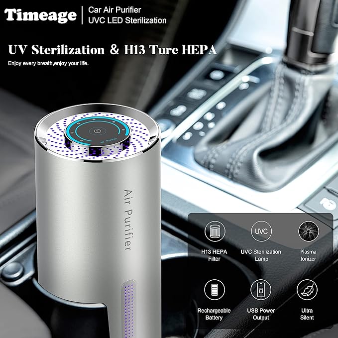 Portable Air Purifier for Car,Timeage Air Ionizer with HEPA Filter,UVC Light, Negative Ion,helps Remove Smoke Odor Pollen Allergens,Metal Enclosure,Silver