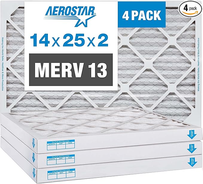 Aerostar 14x25x2 MERV 13 Pleated Air Filter, AC Furnace Air Filter, 4 Pack (Actual Size: 13 1/2" x 24 1/2" x 1 3/4")