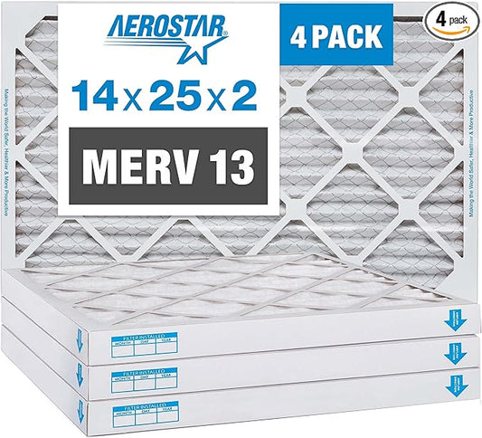 Aerostar 14x25x2 MERV 13 Pleated Air Filter, AC Furnace Air Filter, 4 Pack (Actual Size: 13 1/2" x 24 1/2" x 1 3/4")