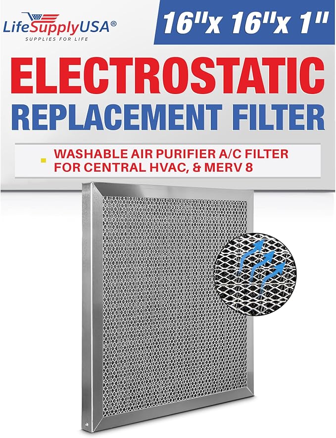 16x16x1 Electrostatic Air Filter, MERV 8, Washable, Reusable Furnace AC/HVAC Filter, Energy Saving, Easy to Clean, Long-Lasting by LifeSupplyUSA