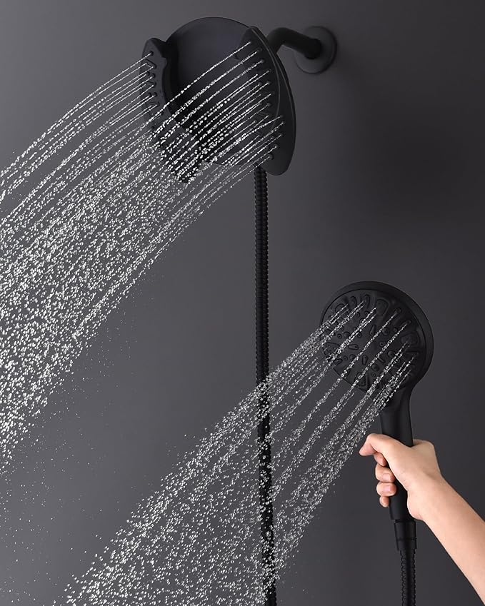 2-in-1 Shower Head with Handheld Combo: 2.5GPM Rainfall & Handheld Shower Head Use Together or Alone, 9 Spray Settings Hand Held Shower Head with Hose, Black