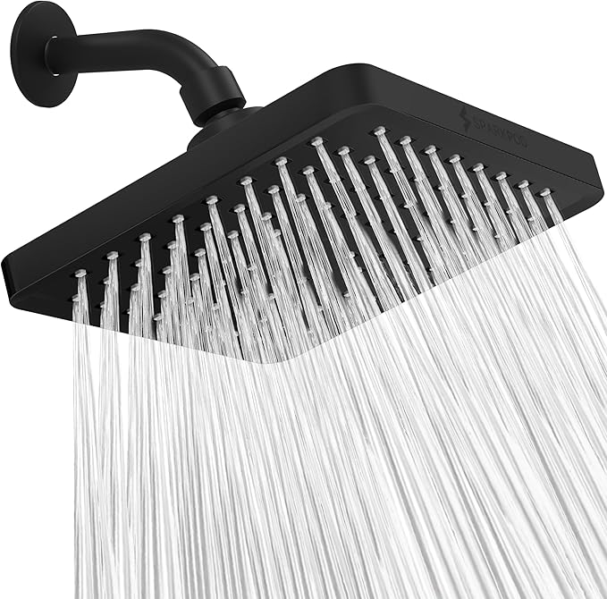SparkPod Shower Head - High Pressure Rain - Premium Quality Luxury Design - 1-Min Install - Easy Clean Adjustable Replacement for Your Bathroom Shower Heads (Midnight Black Matte, 8 Inch Square)