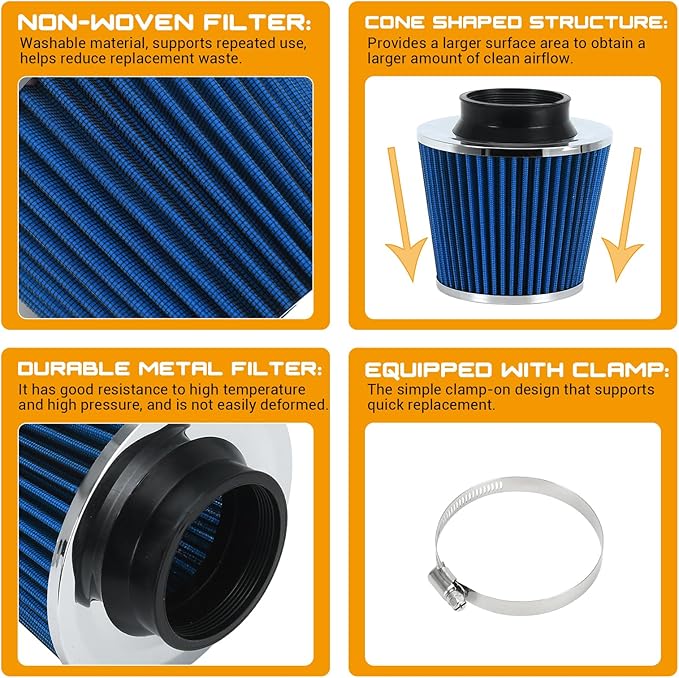 PTNHZ Universal Blue 3" 76mm High Flow Cold Air Intake Cone Air Filter Power Intake Air Inlet System Air Cleaner