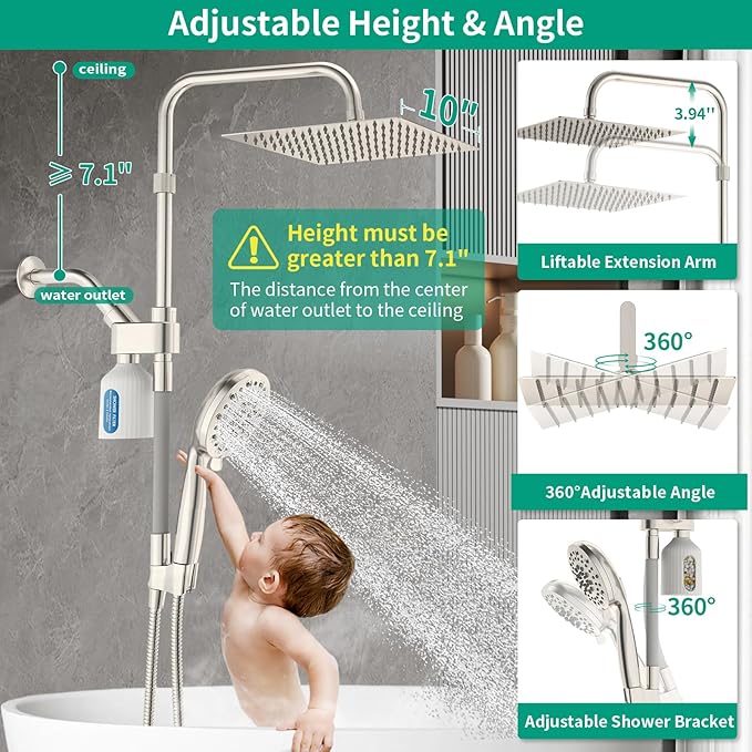 10" Filtered Rain Shower Head with Handheld Spray Combo, High Pressure Shower Head and Handle Set with Filter, Dual Shower Head with Extra Long Hose and Adjustable Arm (Brushed Nickel)