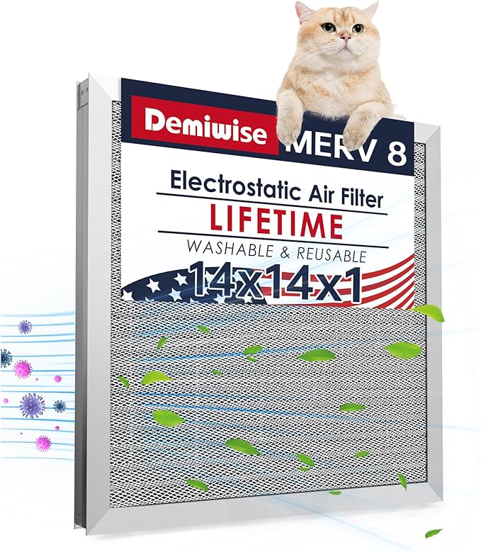 14x14x1 Electrostatic Air Filter, 8 Stage Washable Aluminum AC/HVAC Furnace Filter, Reusable Lifetime Permanent Air Filter, Easy to Clean,Increases Airflow(Actual Size:13.50x13.50x0.82)