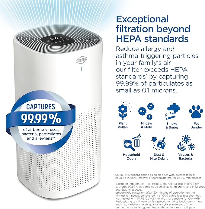 Clorox Air Purifiers for Home, True HEPA Filter, XL Rooms up to 2,220 sq ft, Removes 99.9% of Mold, Viruses, Wildfire Smoke, Allergens, Pet Allergies, Dust, AUTO Mode, UV-C Lightbulb, Whisper Quiet