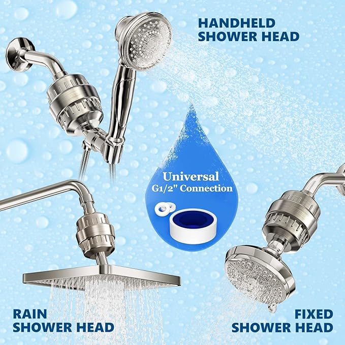 Shower Filter for Hard Water Brushed Nickel - 6 Replacement Cartridges -20 Stage - Showhead Water Softener to Remove Chlorine and Fluoride