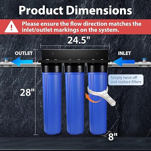 iSpring WGB32BM 3-Stage Whole House Water Filtration System (w/ 20” x 4.5” Sediment, Carbon, and Iron & Manganese Reducing Filters) w/ 3/4'' Push-Fit Braided Stainless Steel Hose Connectors