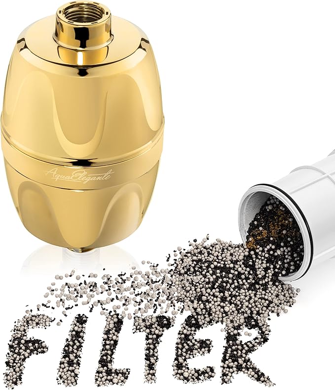 Aqua Elegante Shower Water Filter For Showerhead - Universal Shower Head Filters To Remove Chlorine & Hard Minerals - Gold Bath Purifier And Filtered Softener System Best With KDF-55 - Polished Brass