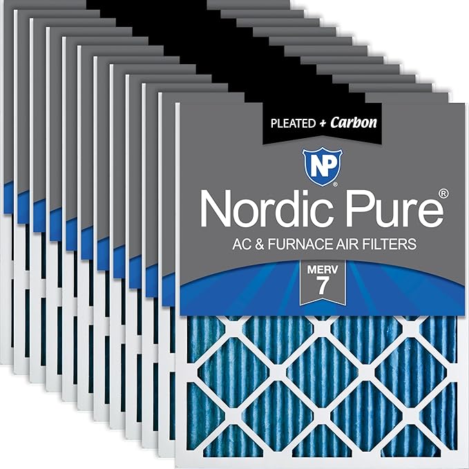 Nordic Pure 12x12x1 (11 3/4 x 11 3/4 x 3/4) Pleated Air Filters MERV 7 Plus Carbon 12 Pack