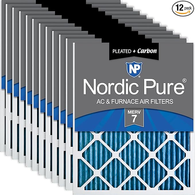 Nordic Pure 18x20x1 (17 1/2 x 19 1/2 x 3/4) Pleated Air Filters MERV 7 Plus Carbon 12 Pack
