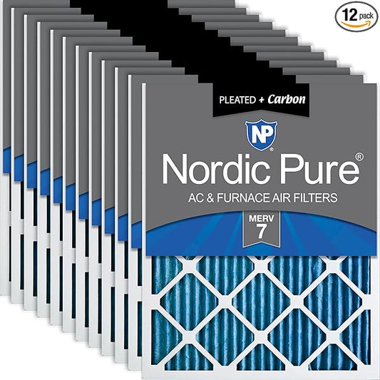 Nordic Pure 18x20x1 (17 1/2 x 19 1/2 x 3/4) Pleated Air Filters MERV 7 Plus Carbon 12 Pack