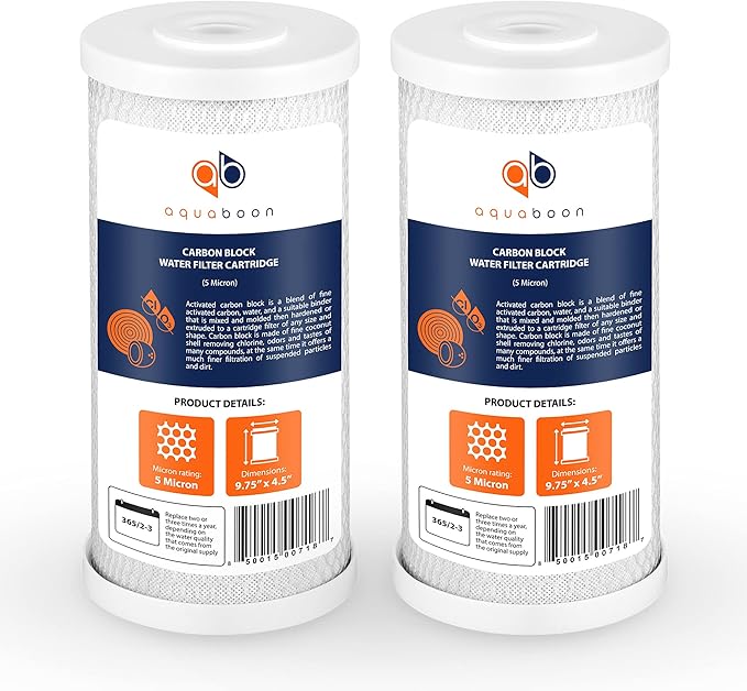 Aquaboon 5 Micron 10x4.5 Carbon Block Water Filters Whole House CTO Water Filter Replacement Cartridge Compatible with FXHTC, CB-BB-10, EP-BB, 2-Pack