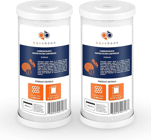 Aquaboon 5 Micron 10x4.5 Carbon Block Water Filters Whole House CTO Water Filter Replacement Cartridge Compatible with FXHTC, CB-BB-10, EP-BB, 2-Pack