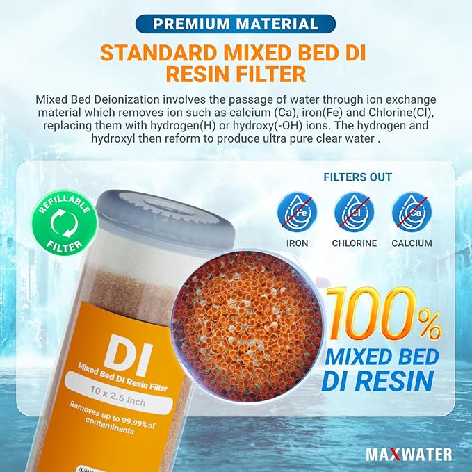 Refillable Mixed Bed DI Resin Filter Cartridge Fits most wide style 3" openings standard 10" size WH Filter Housings and Systems