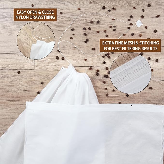 100Pcs Commercial Cold Brew Coffee Filters for 5 Gallon Buckets, 20" X 20" Disposable Coffee Filters with Drawstring for Brew Up To 5 LBS Coffee