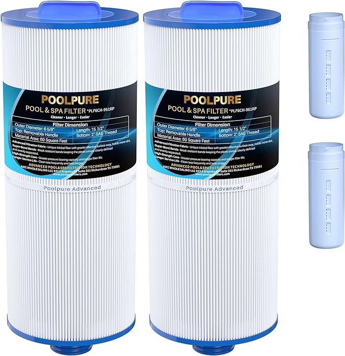 POOLPURE Removable Handle Spa Filter Replaces PJW60TL-OT-F2S, Jacuzzi Prem J300, J400, Unicel 6CH-961, 6541-383, 6540-476, 60 sq.ft Filter Cartridge with Built-in Dispenser, 2PACK