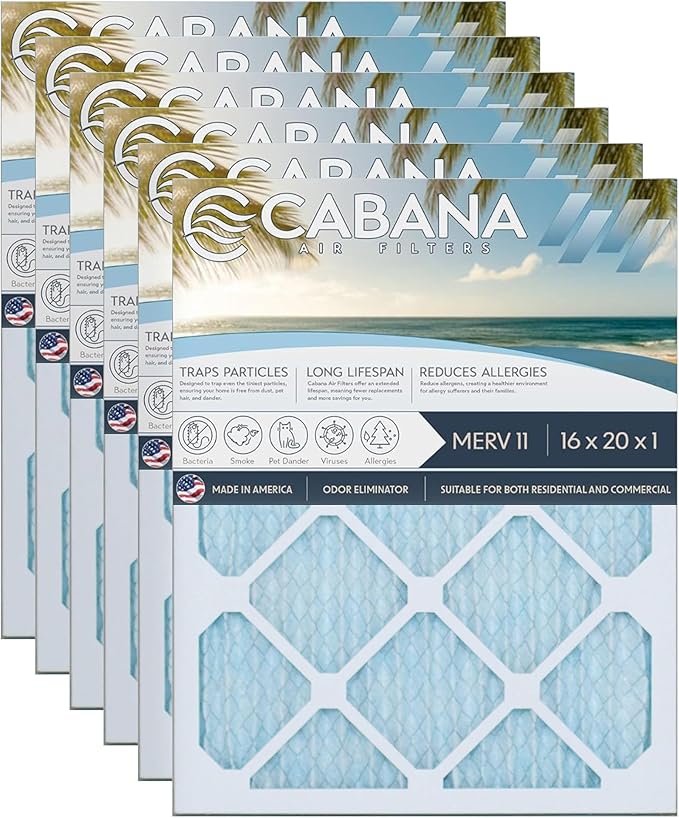 Cabana Filters 16x20x1 AC Furnace Air Filter, Merv 11 Capture Unwanted Particles, Pleated Furnace Filter HVAC AC Filters - Made in the USA - 6 Pack