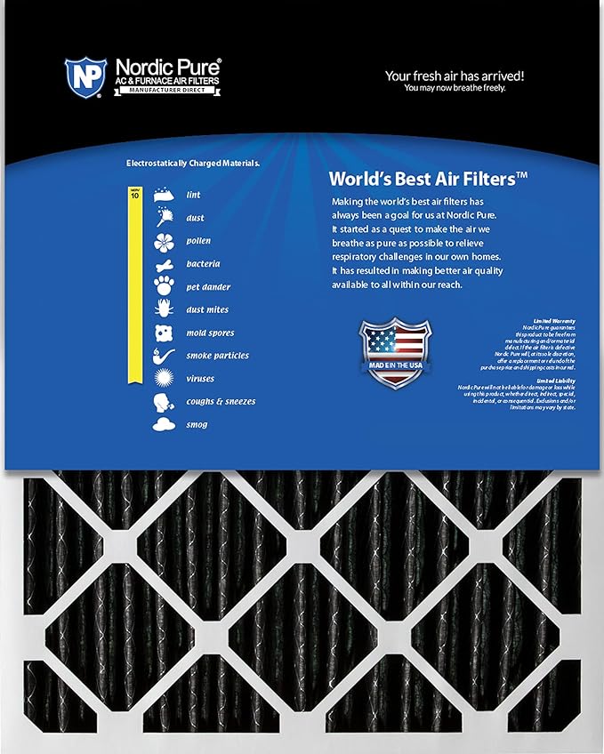 Nordic Pure 20x20x1 (19 1/2 x 19 1/2 x 3/4) Furnace Air Filters MERV 10 Pleated Plus Carbon 6 Pack