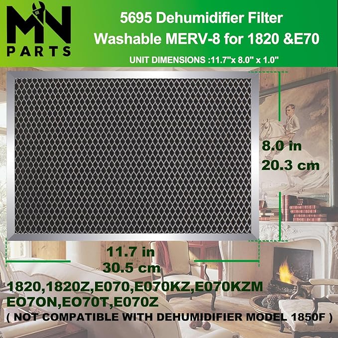 5695 Dehumidifier Filter Washable MERV 8 8x11.5x1 Compatible with Whole-House Dehumidifiers Models 1820 1820Z E070 E070KZ E070KZM E070N E070T E070Z Replacement Filter 2 Packs