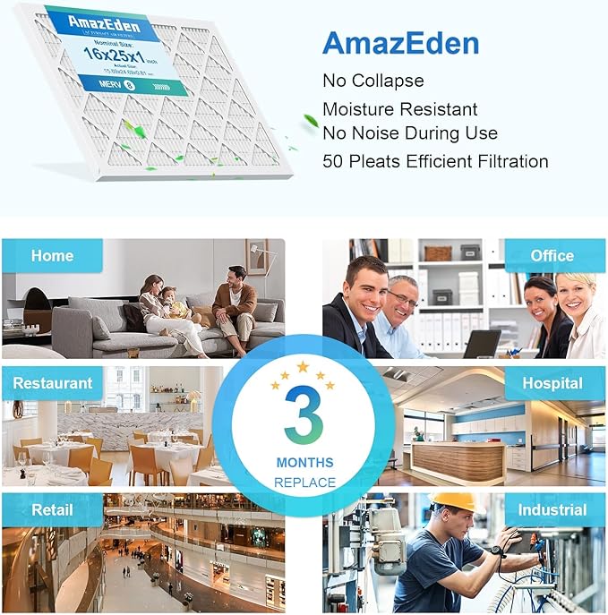 16x25x1 Air Filter 4-Pack MERV 8 MPR 600 Pleated Furnace Filters Replacement HVAC AC Furnace Dust Defense (Actual Size: 15.69x24.69x0.81 Inches)