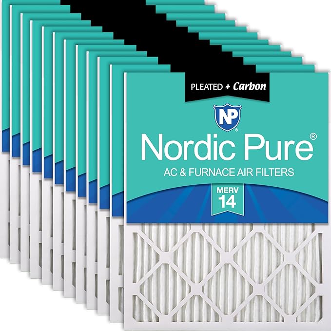 Nordic Pure 20x20x1 (19 1/2 x 19 1/2 x 3/4) Pleated Air Filters MERV 14 Plus Carbon 12 Pack