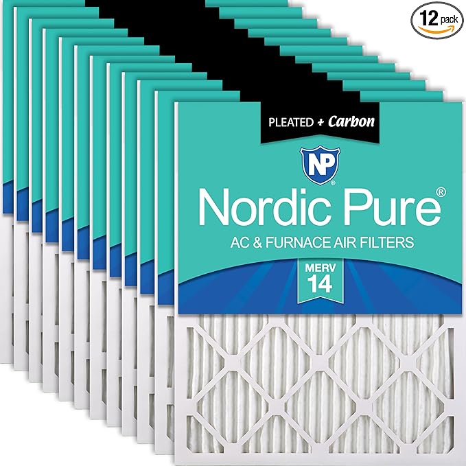 Nordic Pure 18x20x1 (17 1/2 x 19 1/2 x 3/4) Pleated Air Filters MERV 14 Plus Carbon 12 Pack