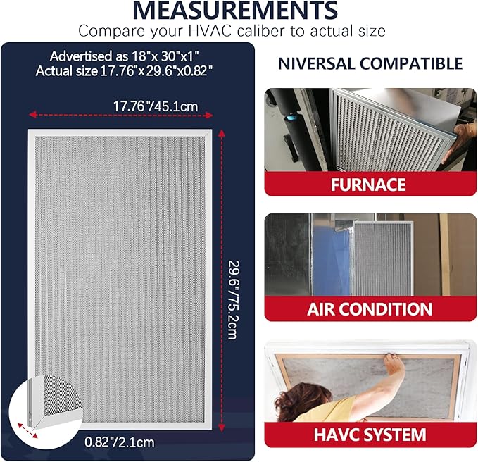 18x30x1 Electrostatic Air Filter, 8 Stage Washable Aluminum AC/HVAC Furnace Filter Replacement, Reusable Permanent Air Filter, Lasts a Lifetime, Easy to Install(Actual Size:17.76x29.60x0.82)