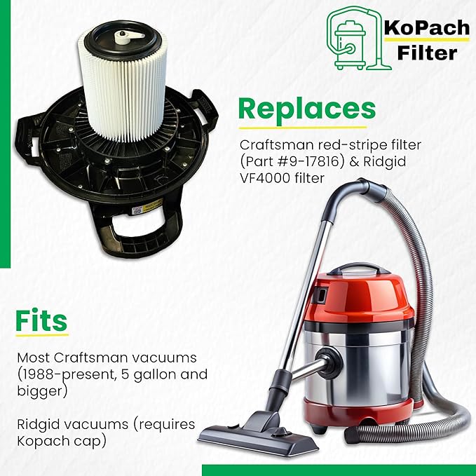 Replacement Filter for Craftsman and Ridgid Shop Vacs Part # 9-17816 & Part # VF4000, 1 Pack + Cap, Original Filter