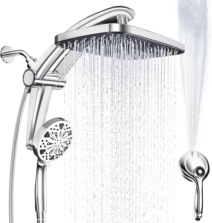 Rain Shower Head with Handheld High Pressure rainfall Shower Heads with Handheld Spray Combo Adjustable one-piece stand daul shower head Built-in Magnetic Docking and Power Jets