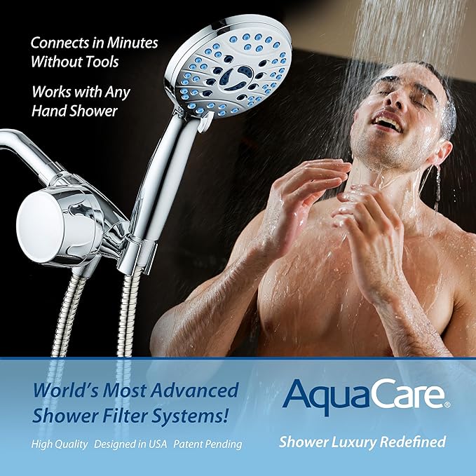 Skin & Hair by AquaCare - World's Most Advanced Shower Filter for Hand Showers with ON/OFF Filtration Modes,Instant Cartridge Reload,Built-in Bracket & Stay-Clean Enriched KDF Cartridge/Chrome Finish
