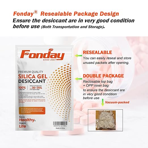 16Packs x 100Gram Fonday Rechargeable Silica Gel Desiccant Packets Food Grade Fast Reactivate Desiccant Bags Moisture Indicating Orange to Green
