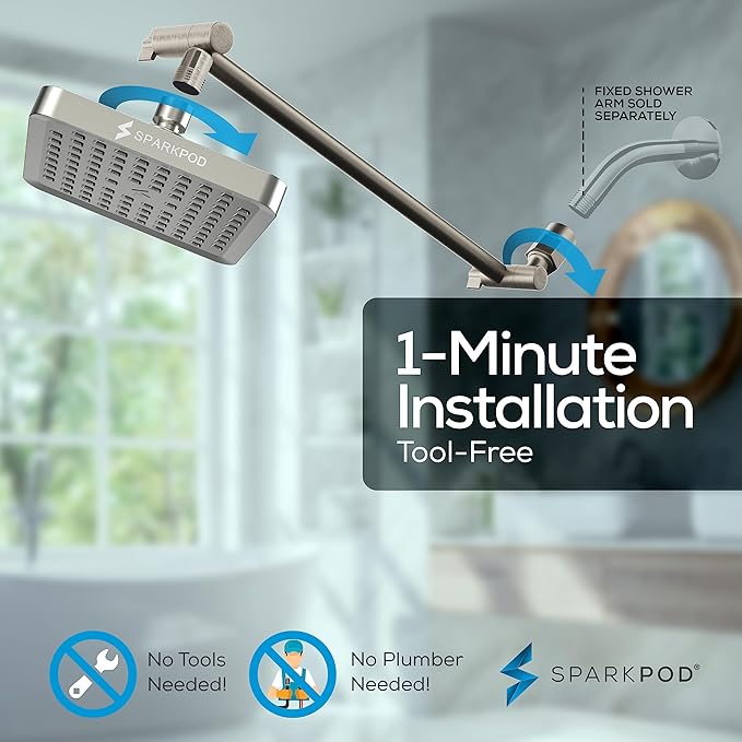SparkPod Square Rain Shower Head with Shower Head Extension Arm - High Pressure Rain - Luxury Modern Look - No Hassle Tool-less 1-Min Installation (16" Shower Arm Extension, Elegant Brushed Nickel)