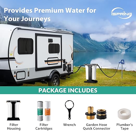 iSpring CW21-PF 2-Stage RV Water Filtration System, SGS-Tested PFAS Removal, High-Capacity Tankless Design, Durable 3/4" Lead-Free Brass Connectors for RV Campers