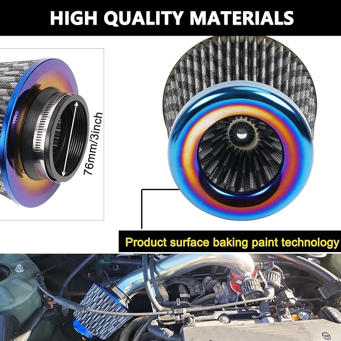 Cold Air Intake Filter, High Performance, Washable Filter, Clamp-On Replacement Air Filter, Flange Diameter 3inch/76mm Carbon Fiber Pattern