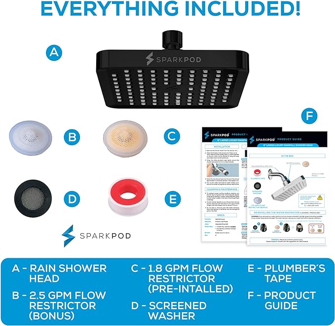 SparkPod Shower Head - High Pressure Rain - Premium Quality Luxury Design - 1-Min Install - Easy Clean Adjustable Replacement for Your Bathroom Shower Heads (Midnight Black Matte, 6 Inch Square)