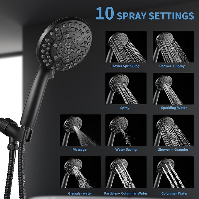 10 Spray Shower Head with Handheld,High Pressure shower heads with Handheld Spray Combo,Hand Held Shower Head with 60 Inch Long Hose (Matte Black)