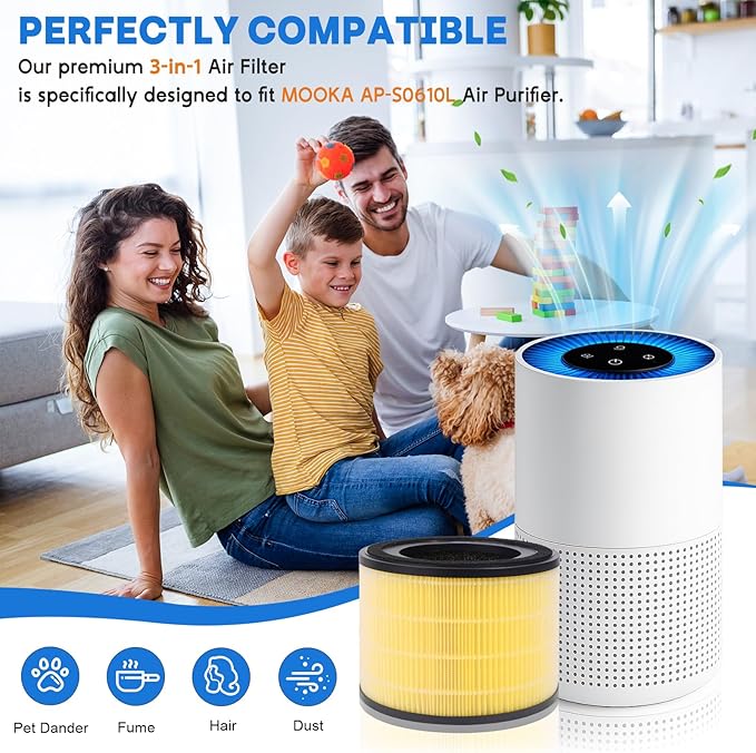 AP-S0610L Air Filter Replacement Compatible with Mooka, 3-in-1 H13 Ap-s0610l Replacement Filter, Pre-Filter Activated Carbon Fit for Mooka Air Puri-fier, 2 PC, Yellow