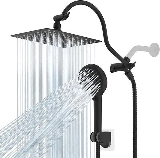 Hibbent All Metal High Pressure Rainfall 10 Inch Shower Head/Handheld Showerhead Combo/ 12 Inch Adjustable Curved Shower Extension Arm, 10-Spray, 71-inch Hose, Adhesive Showerhead Holder, Matte Black