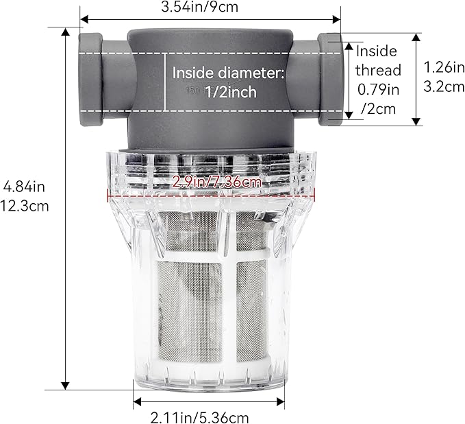 1/2'' Female NPT in-Line Strainer - Garden Hose Filter for High Pressure Washer, Sediment Filter with 60 Mesh Stainless Steel Screen (1/2'' 60 Mesh)