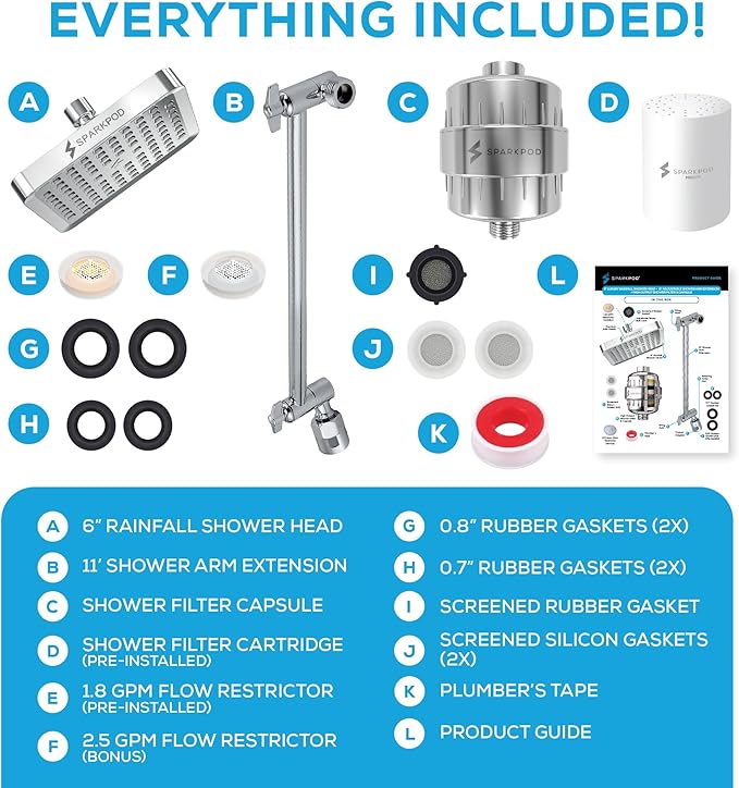 SparkPod 6" High Pressure Rain Shower Head with 23 Stage Filter Capsule & 11 Inch Adjustable Shower Arm Extension -Shower Filter Reduces Chlorine for Smoother Hair & Skin (Square, Polished Chrome)