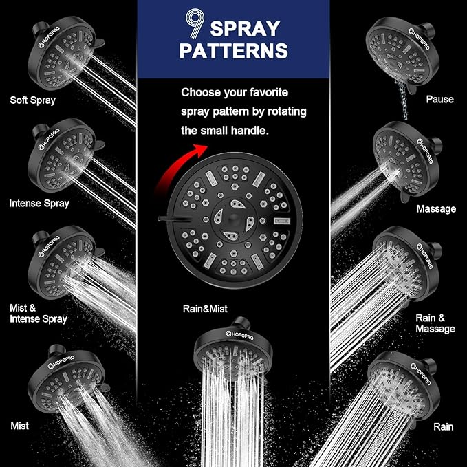 HOPOPRO Upgraded 9 Settings High Pressure Shower Head, NBC News Recommended Brand Fixed Showerhead Bathroom Showerhead Multi-functional Rainfall Showerhead for Low Water Flow (Matte Black)