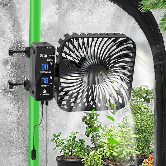 Grow Tent Fan 6”, LCD Display with Sensor, Adjustable Temp & Humidity Control, 4-Speed, 90° Oscillating Fan, Strong Airflow for Indoor Growing, Mushroom Box, Desk Use