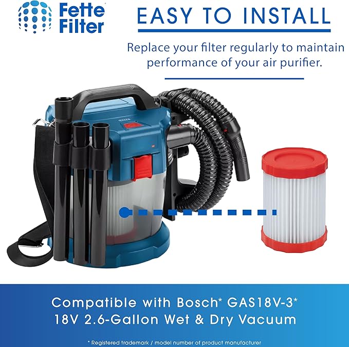 Fette Filter - VF320H HEPA Filter compatible with Bosch 18V 2.6-Gallon Wet/Dry Vacuum Cleaner GAS18V-3/GAS18V-10L includes 2 hepa replacement filters.