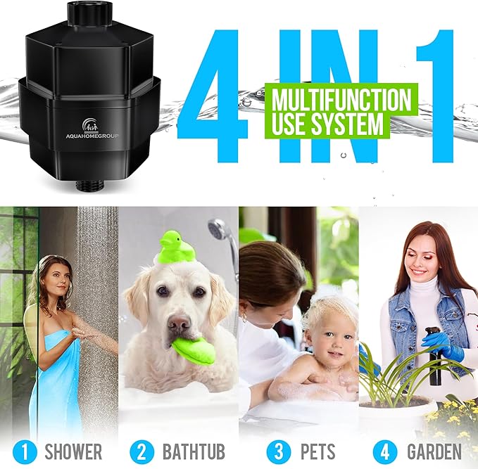 AquaHomeGroup 20 Stage Shower Filter for Hard Water - High Output Universal Shower Head Filter for Chlorine, Fluoride, Heavy Metals - Vitamin C E Shower Water Filter for Hair and Skin (Black)