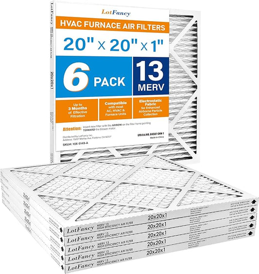 LotFancy 20x20x1 Air Filter MERV 13 Pet Smoke Smog Allergens Defense (6-Pack) Pleated HVAC Furnace Air Filters, Replacement for Home AC & Heating Systems, Actual Size: 19.75" x 19.75" x 0.75"