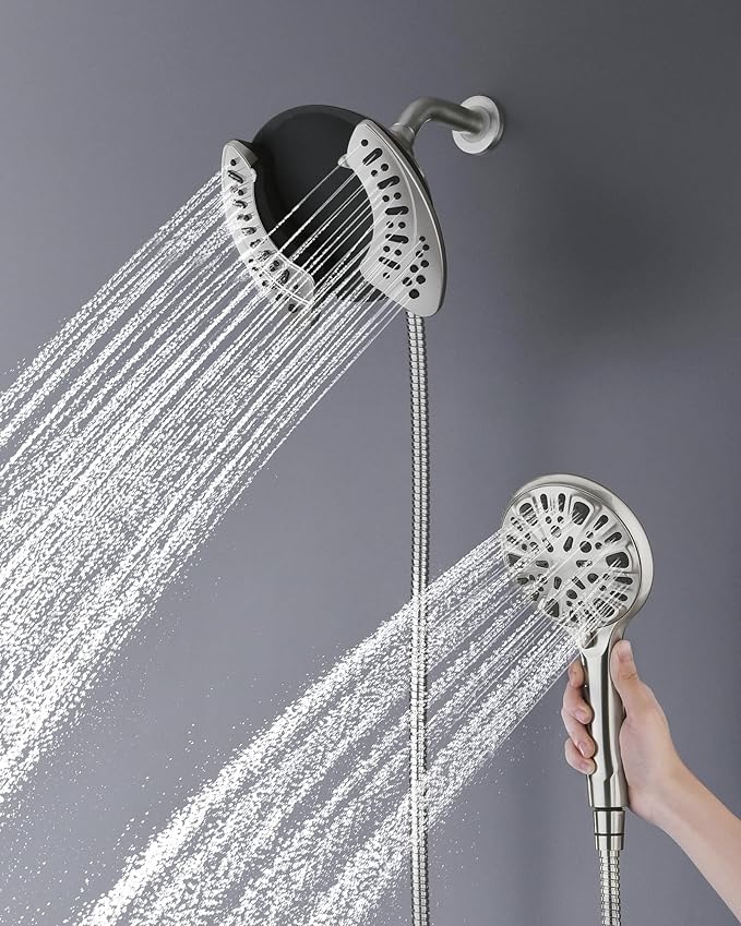 2-in-1 Shower Head with Handheld Combo: 2.5GPM Rainfall Shower Head & Detachable Shower Head Use Together or Alone, 9 Spray Settings Hand Held Showerhead with Hose, Nickel