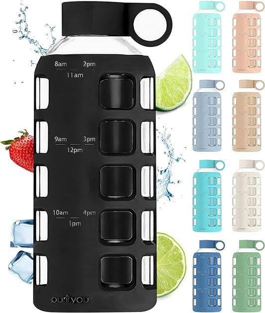 purifyou 40oz / 32oz / 22oz / 12oz Borosilicate Glass Water Bottle with Time & Volume Markers, Silicone Sleeve, Stainless Steel Lid | Reusable Glass Bottle for Water & Juice (22oz Jet Black)