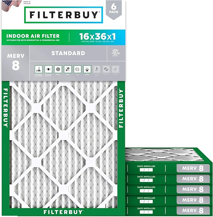 Filterbuy 16x36x1 Air Filter MERV 8 (MPR 700) Dust Defense Replacement (6-Pack), Electrostatic Pleated HVAC AC Furnace Filters, Made in USA (Actual Size: 15.75 x 35.75 x 0.75)