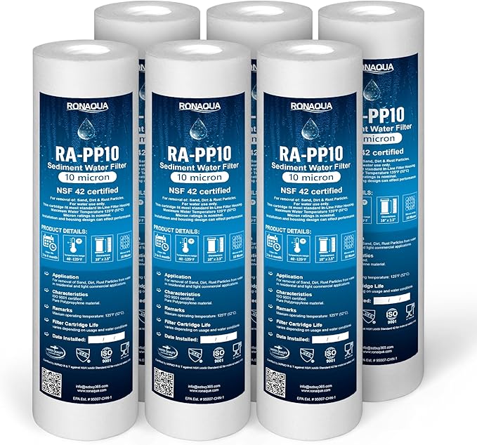 Ronaqua 10 Micron Sediment Water Filter Cartridge 10"x2.5", NSF Certified, 4-Layer Filtration for any 10-inch RO Units & Whole House Systems, Compatible with Culligan P5, AP110, WHKF-GD05, 6 Pack